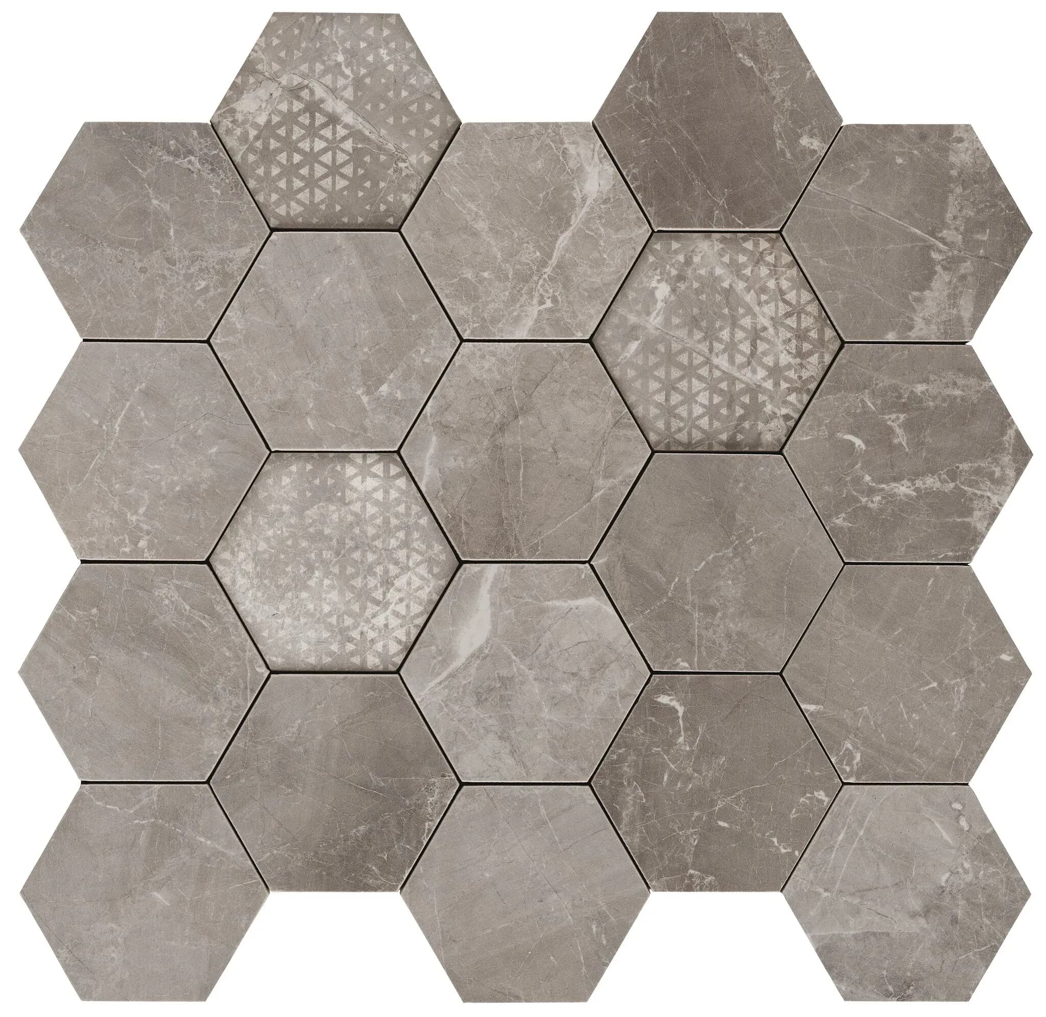 Grey, Mosaic, Rectangle, Hexagon Mosaic, 13.5×14, Polished