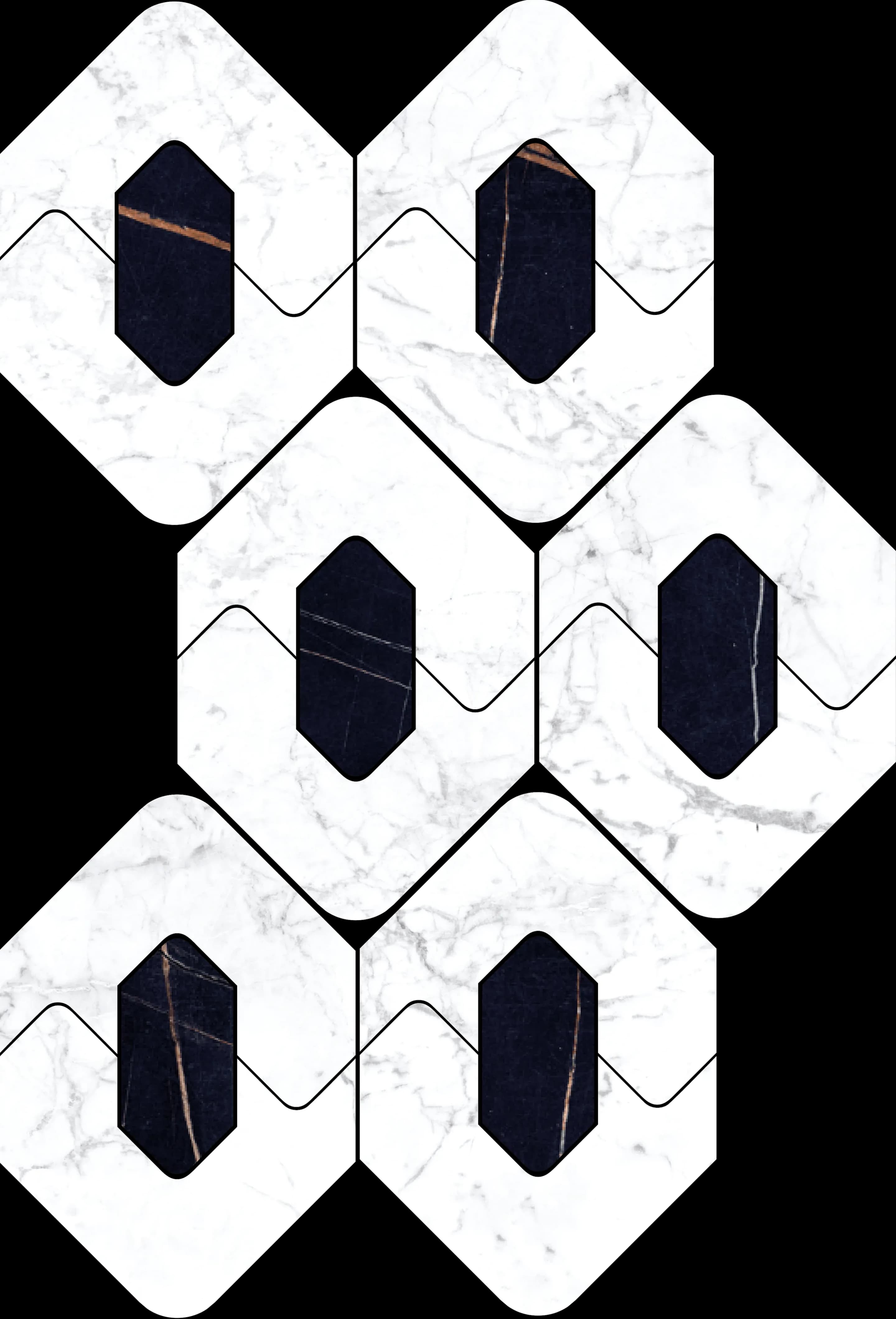 Statuarietto/Nero, Mosaic, Hexagon, Hexagon T18 Mosaic, 8×13, Natural