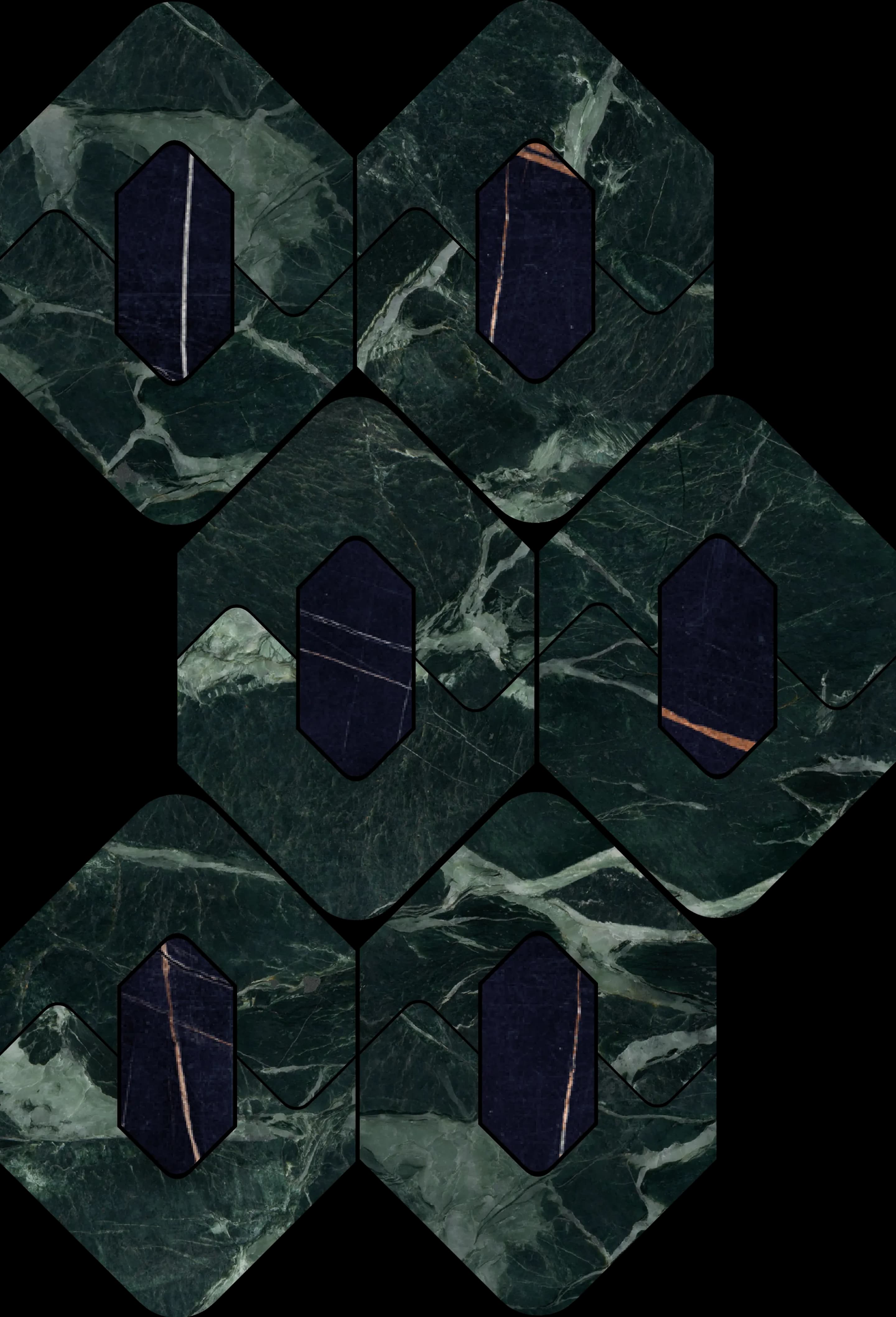 Verde Aver /Nero, Mosaic, Rectangle, Hexagon T18 Mosaic, 8×13, Polished